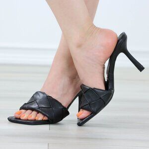 Blak High Heel Sandals Square Open Toe Slip On Mules Stiletto's